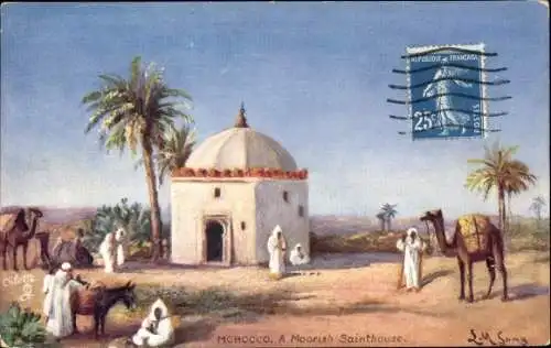 Künstler Ak Long, Marokko, General View of a Moorish Sainthouse, Camels, Tuck 7428