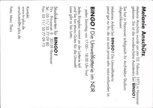 Ak Moderatorin Melanie Anschütz, Portrait, Bingo Die Umweltlotterie, Autogramm