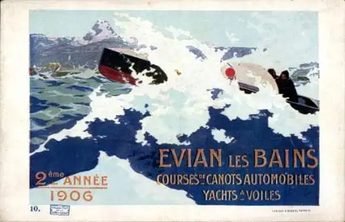 Künstler Ak Evian les Bains Haute Savoie, 2eme Annee 1906, Courses de Canots Automobiles