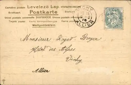 Präge Litho Fünf Hundewelpen an einem Holzzaun