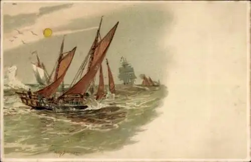 Künstler Litho Stöwer, Willy, Segelschiffe auf dem Meer