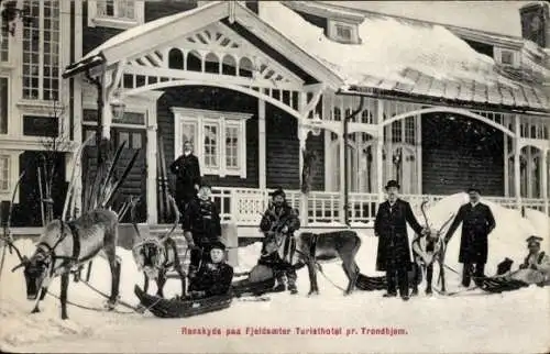 Ak Trondhjem Trondheim Norwegen, Rentiere, Schlitten, Hotel im Winter