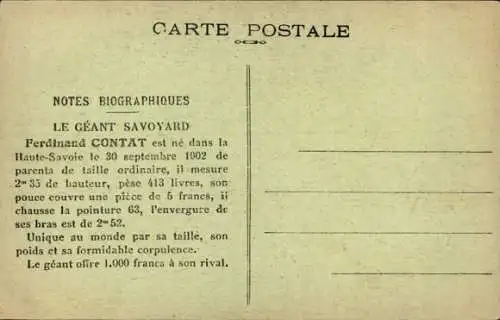 Ak Le Géant Savoyard, Ferdinand Contat, 2,35 m Höhe