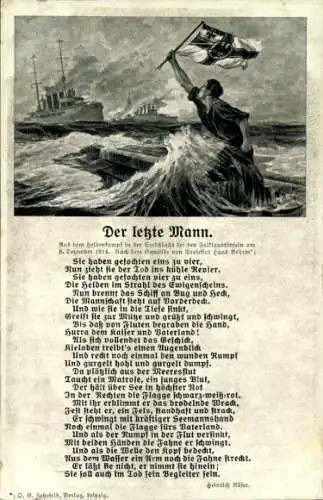 Künstler Ak Der letzte Mann, Seeschlacht 1914, Kriegsschiff