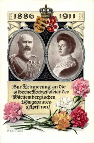 Künstler Ak Schnorr, König Wilhelm II v. Württemberg, Königin Charlotte, Silberhochzeit 1911, Wappen