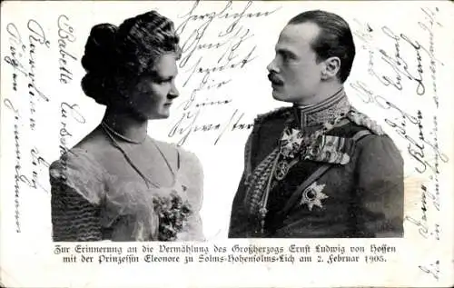 Ak Großherzog Ernst Ludwig von Hessen, Prinzessin Eleonore zu Solms-Hohensolms-Lich, Hochzeit