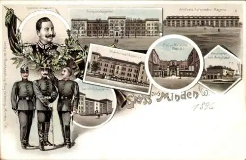 Litho Minden in Westfalen, Kaiser Wilhelm II., Pionier-Kaserne, Artillerie-Kaserne