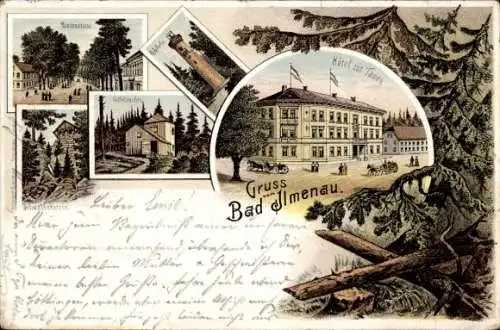 Litho Ilmenau im Ilm Kreis Thüringen, Lindenstraße, Goethehäuschen, Hotel zur Tanne