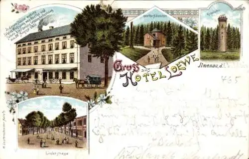 Litho Ilmenau in Thüringen, Hotel Loewe, Kickelhahn, Lindenstraße