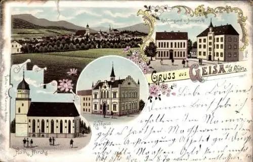 Litho Geisa in der Rhön Thüringen, Rechnungsamt, Rathaus, Kirche