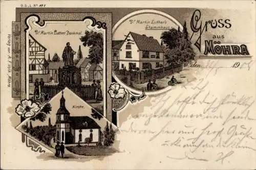 Litho Möhra Bad Salzungen in Thüringen, Luther Denkmal, Luthers Stammhaus, Kirche