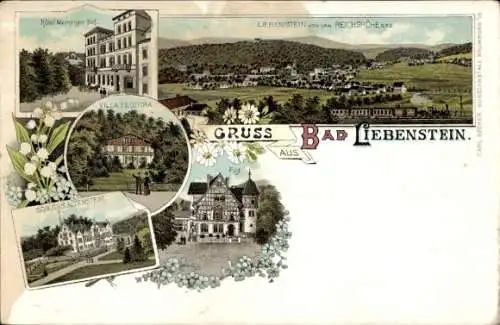 Litho Bad Liebenstein im Thüringer Wald, Villa Feodora, Hotel Meininger Hof, Post, Schloss