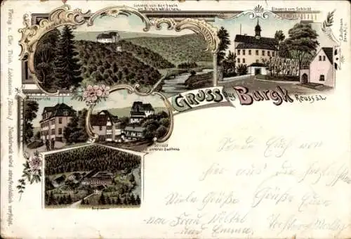 Litho Burgk Schleiz in Thüringen, Schloss, Amtsgericht, Burgkhammer, Gasthaus