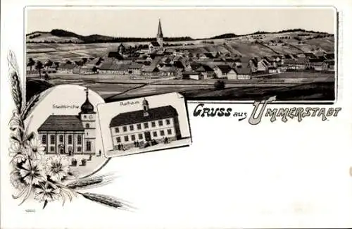 Litho Ummerstadt in Thüringen, Rathaus, Stadtkirche, Totalansicht