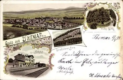 Litho Themar Thüringen, Eingefallener Berg, Dicke Eiche, Bahnhof, Gleisseite