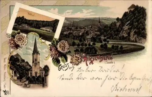 Litho Hirschberg an der Saale, Gesamtansicht, Waldlust, Kirche, Schloss