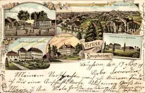 Litho Laupheim in Oberschwaben, Schloss, Amtsgericht, Totalansicht