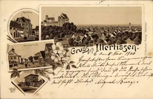 Litho Illertissen in Schwaben, Hauptstraße, Rathaus, Bahnhof, Gleisseite