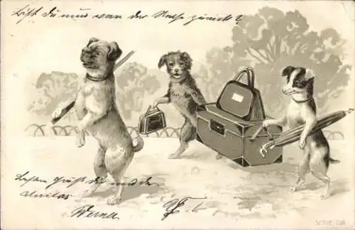 Künstler Ak Vermenschlichte Hunde mit Reisekoffer, Taschen und Schirm