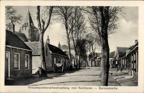 Ak Serooskerke Walcheren Zeeland Niederlande, Vrouwepolderschestraatweg, Kirchturm