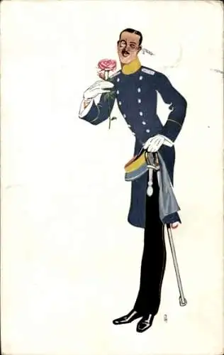 Künstler Ak Offizier in Uniform, Rose