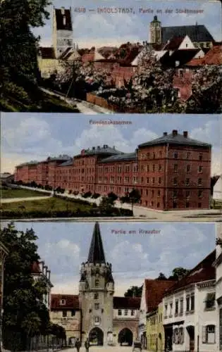 Ak Ingolstadt an der Donau Oberbayern, an der Stadtmauer, Friedenskasernen, Kreuztor