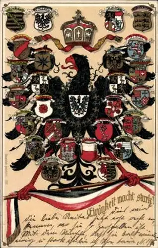 Präge Wappen Litho Einigkeit macht start, Hessen, Bayern, Baden, Lippe, Bremen, Anhalt, Adler