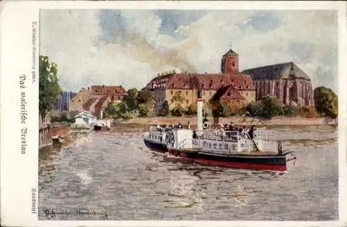 Künstler Ak Günther-Naumburg, D., Wrocław Breslau Schlesien, Sandinsel, Salondampfer