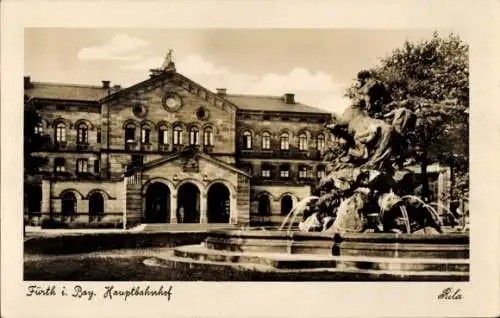 Ak Fürth in Mittelfranken Bayern, Hauptbahnhof, Brunnen