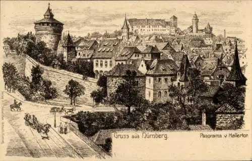 Künstler Ak Nürnberg in Mittelfranken, Panorama v. Hallertor