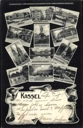 Ak Kassel in Hessen, Bahnhof, Königsplatz, Aue-Bassin, Wimmel-Denkmal, Denkmal Friedrich II