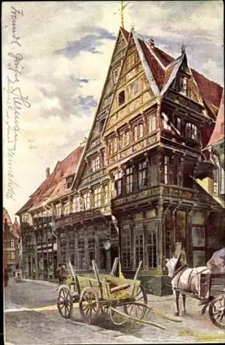 Künstler Ak Heyer, R., Hildesheim, Das Altdeutsche Haus in der Osterstraße, Fuhrwerk