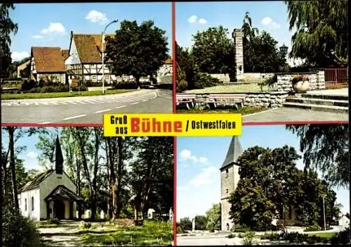 Ak Bühne Borgentreich in Westfalen, Teilansichten, Denkmal, Kirche, Fachwerkhaus