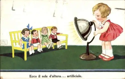 Künstler Ak Wills, John, Puppen auf einer Bank, Mädchen, Lampe