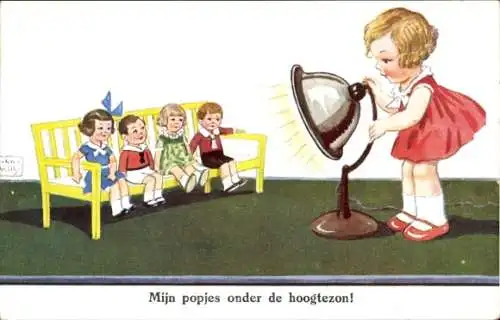 Künstler Ak Wills, John, Puppen auf einer Bank, Mädchen, Lampe