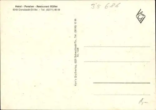 Ak Donsbach Dillenburg in Hessen, Totalansicht, Hotel Pension Müller, Außenansichten, Speiseraum