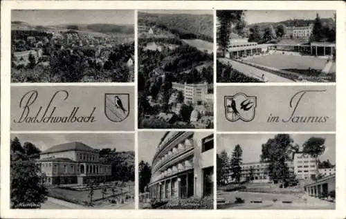 Ak Bad Schwalbach im Taunus, Wappen, Teilansichten, Kurhaus, Brunnen