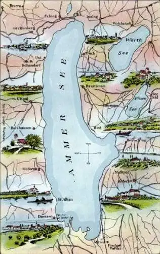 Landkarten Ak Utting am Ammersee, Holzhausen, Dießen, Andechs, Mühlfeld, Herrsching, Breitbrunn