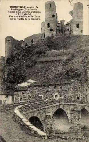 Ak Domeyrat, Ruines d'un Chateau gothique, Vue des Moulins et du Pont sur la Vallee de la Senouire