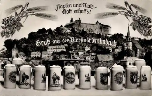 Ak Hopfen und Malz, Gott erhalt's, Gruß aus der Bierstadt Kulmbach, Bierkrüge