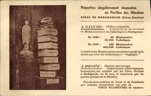Ak Mission of Madagascar, Jesuitenpatres, Statue, Bücher, Anzahl der Missionare