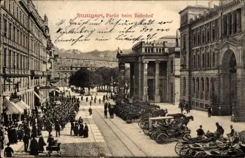 Ak Stuttgart am Neckar, Bahnhof, Kutschen