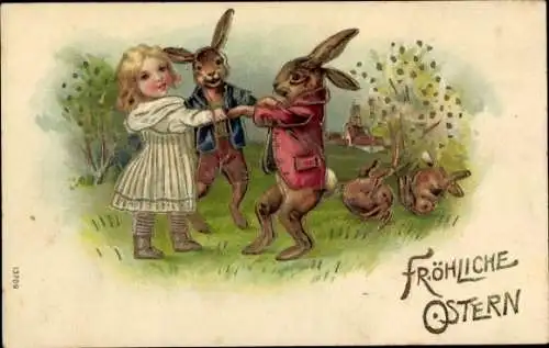 Präge Ak Glückwunsch Ostern, Mädchen tanzt mit Osterhasen