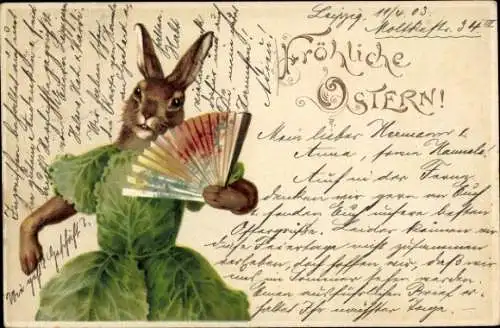 Litho Glückwunsch Ostern, Osterhase mit Fächer