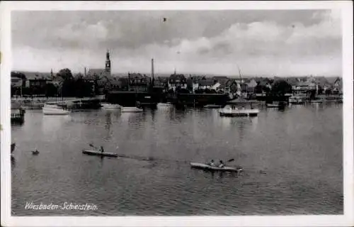 Ak Schierstein Wiesbaden in Hessen, Rhein, Ruderboote, Teilansicht der Stadt