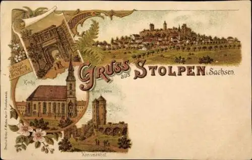 Litho Stolpen in Sachsen, Totale, Kirche, Turm, Kanonenhof