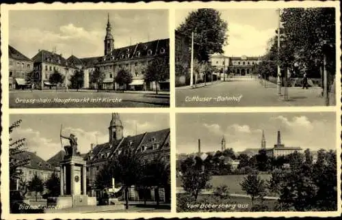 Ak Großenhain Sachsen, Hauptmarkt, Kirche, Cottbuser Bahnhof, Dianabrunnen, Panorama vom Bobersberg