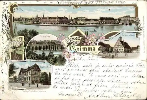 Litho Grimma in Sachsen, Gattersburg, Nimbschen, Kloster, Rathaus, Markt