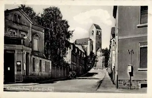 Ak Crimmitschau in Sachsen, Lutherkirche, Straßenpartie