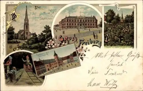 Litho Freiberg in Sachsen, Königsallee, Jakobikirche, Post, Rathaus, Obermarkt, Zwerge im Bergwerk